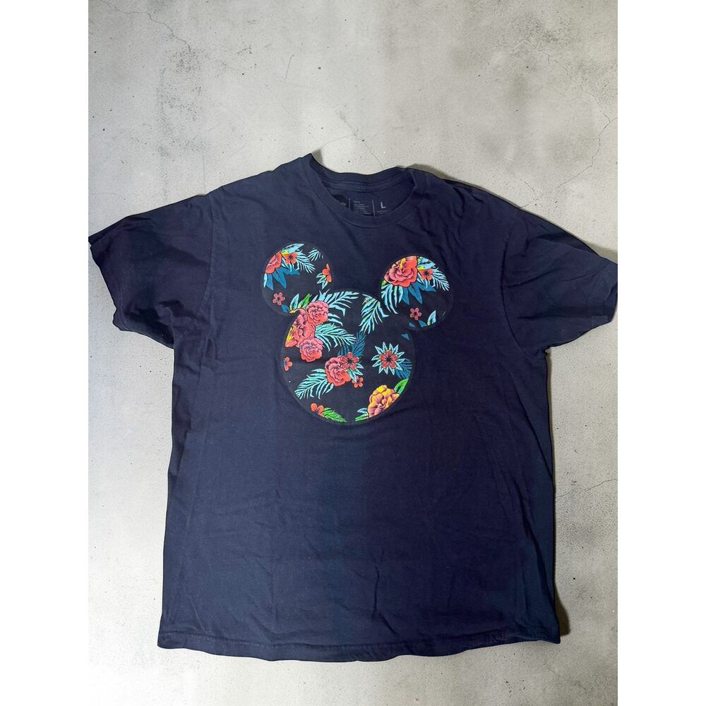 Mickey Mouse Hawaiian Floral Disney Neff Tropical Print Black T Shirt Sz Large